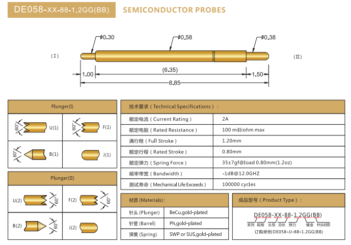 0.58mm雙頭探針，BGA測(cè)試針，華榮華雙頭彈簧針廠家