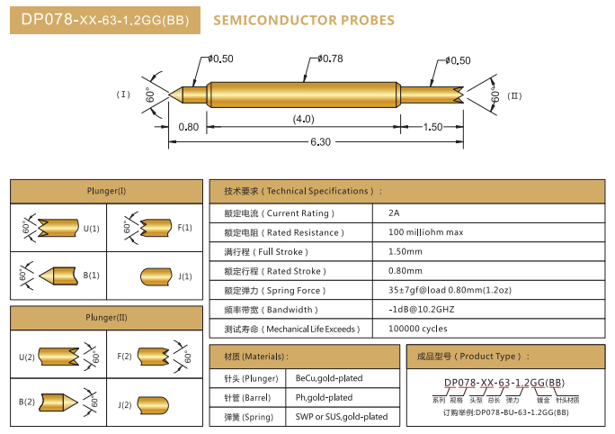 0.78mm雙頭探針，BGA測試針，華榮華BGA雙頭彈簧針廠家